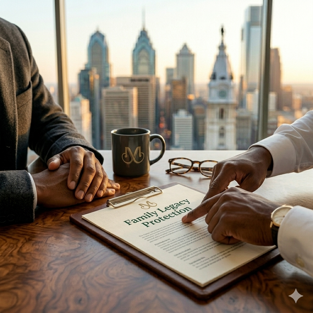 Close-up of a high-end fountain pen on pristine wealth strategy records, representing 30 years of family-owned financial expertise in Philadelphia.