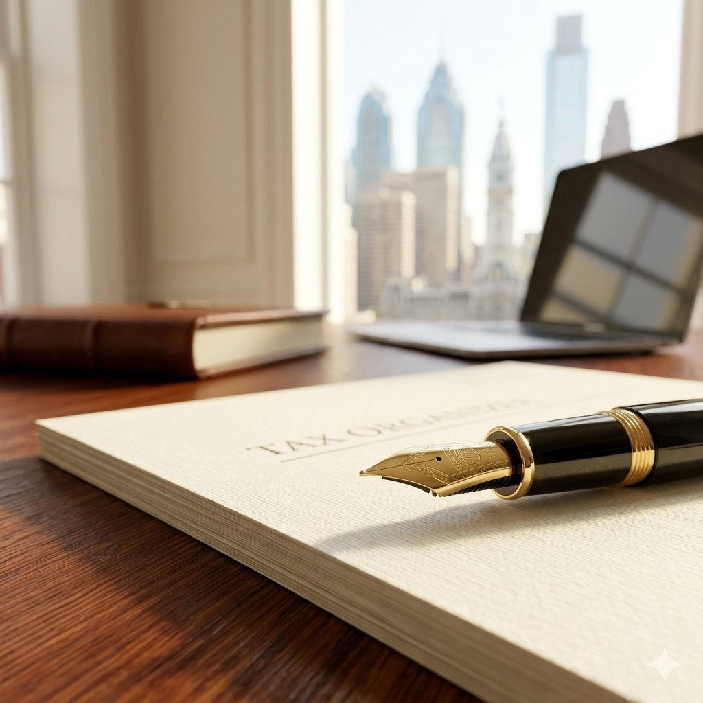 Meticulous tax strategy documents and professional tools on a white marble desk with a sunlit Philadelphia skyline in the background.